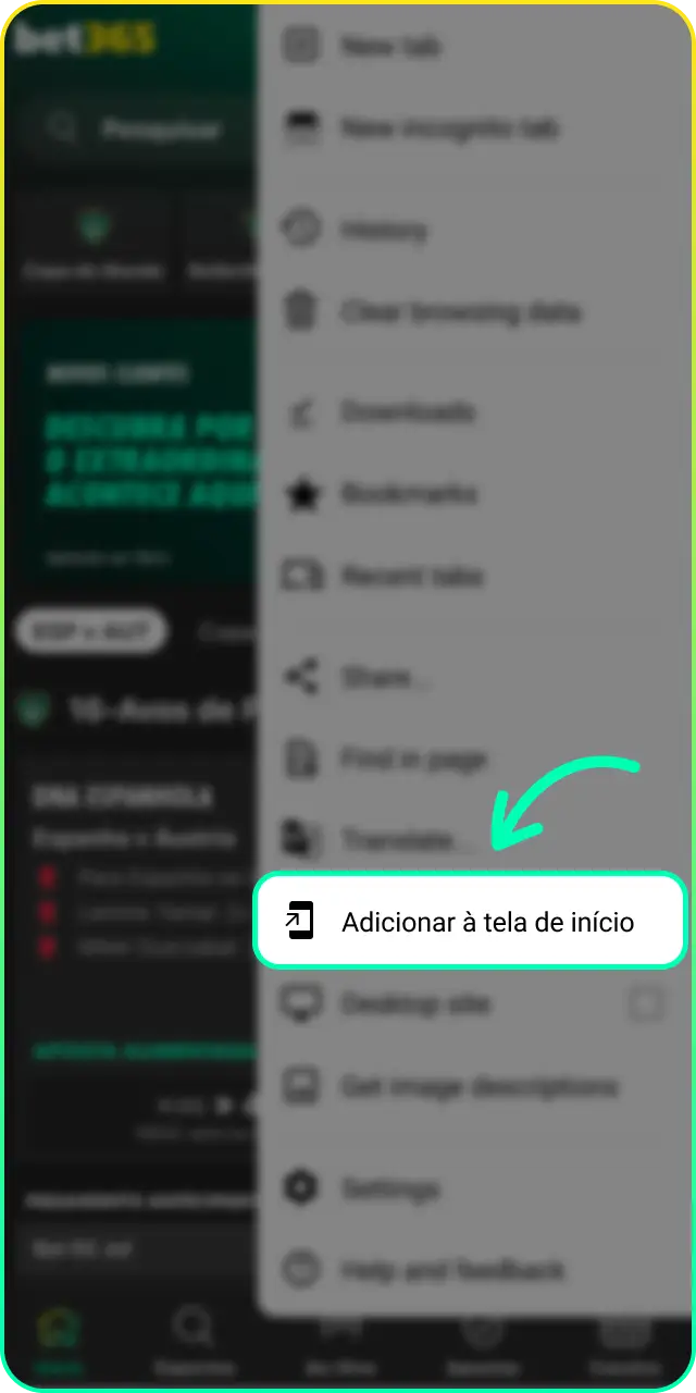 Toque nos três pontos do navegador para prosseguir e baixe o APK da Bet365 para Android.