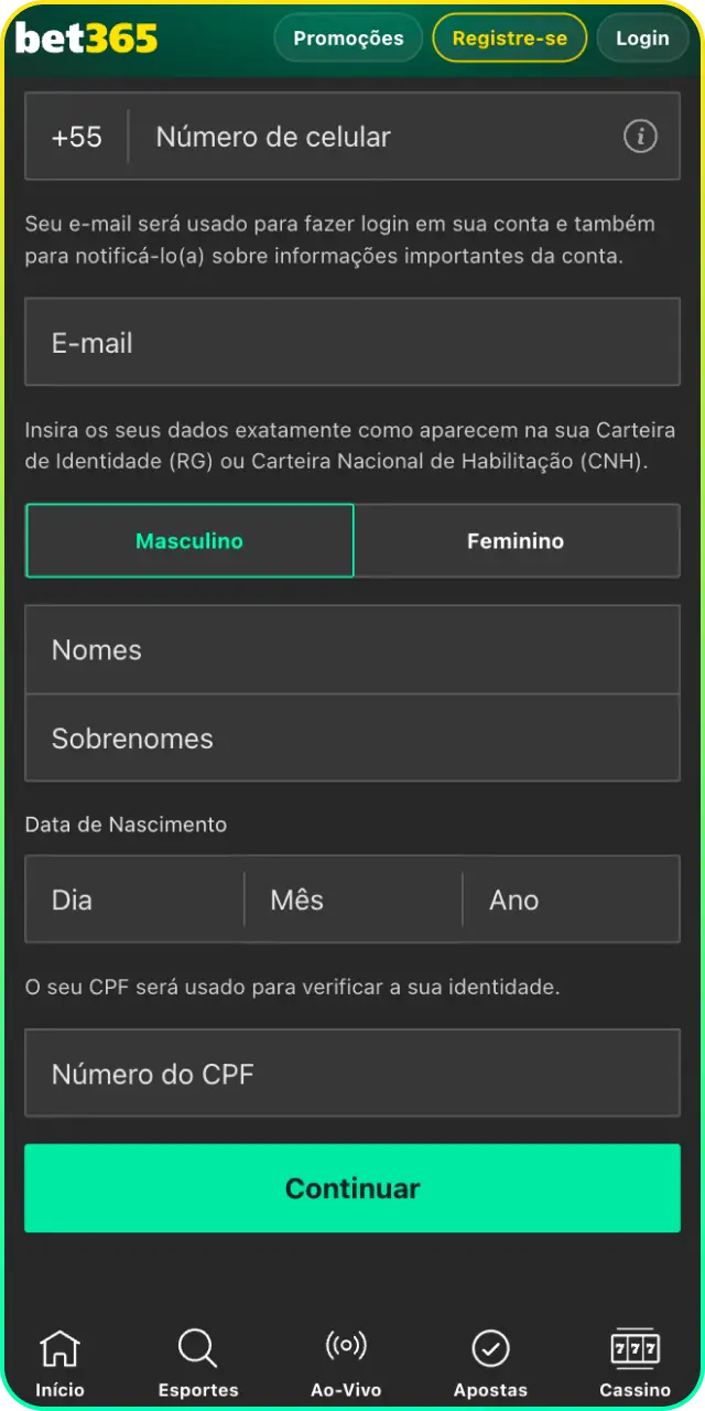Abra uma nova conta após concluir e baixe o APK da Bet365 para Android.