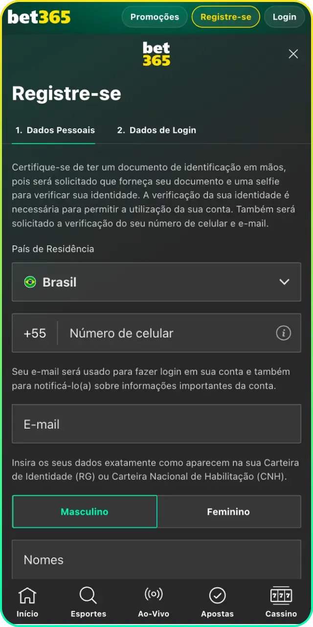Faça o seu cadastro rápido para começar a utilizar o Bet365 App.