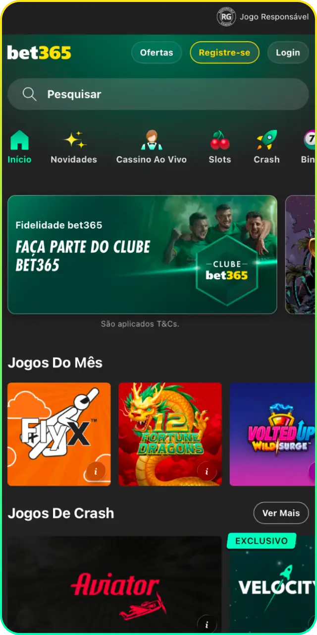 Jogue em alto nível acessando a seção do Bet365 App cassino móvel.