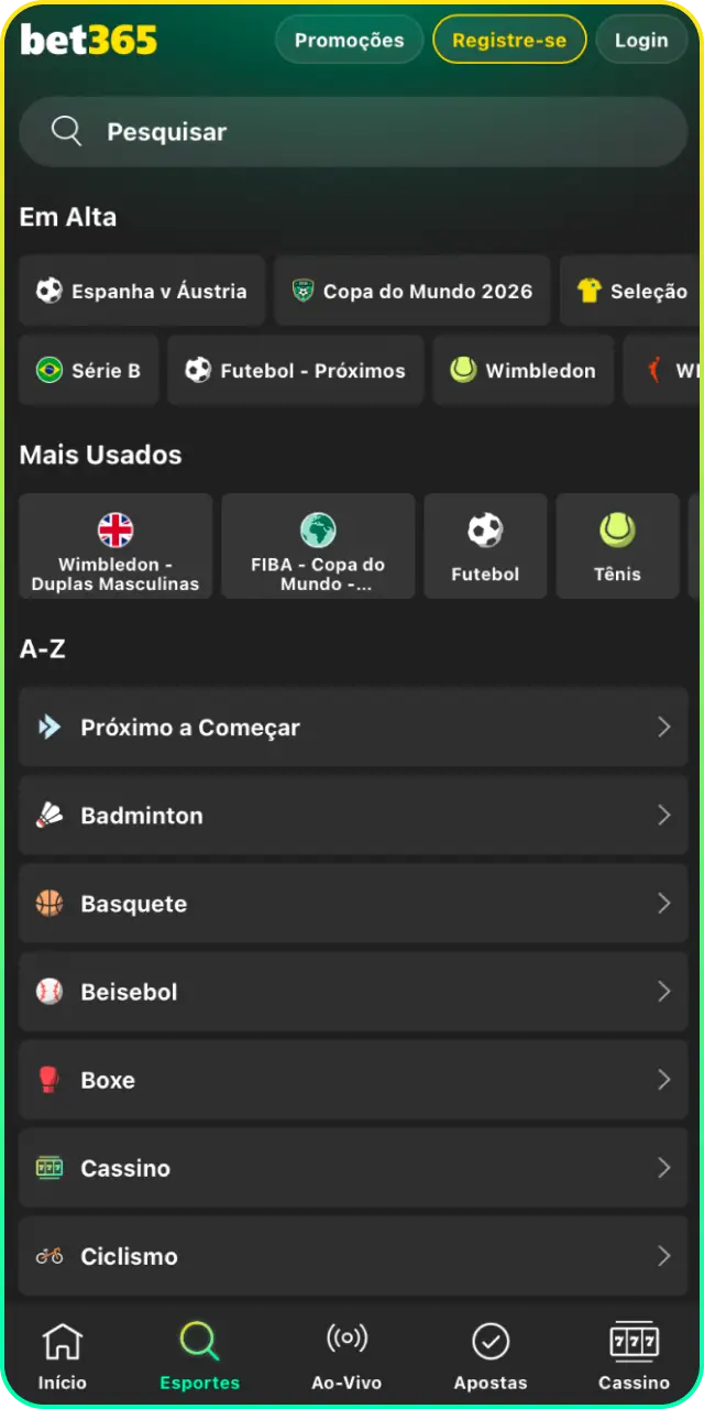 Faça palpites esportivos em tempo real utilizando o Bet365 App esportes.