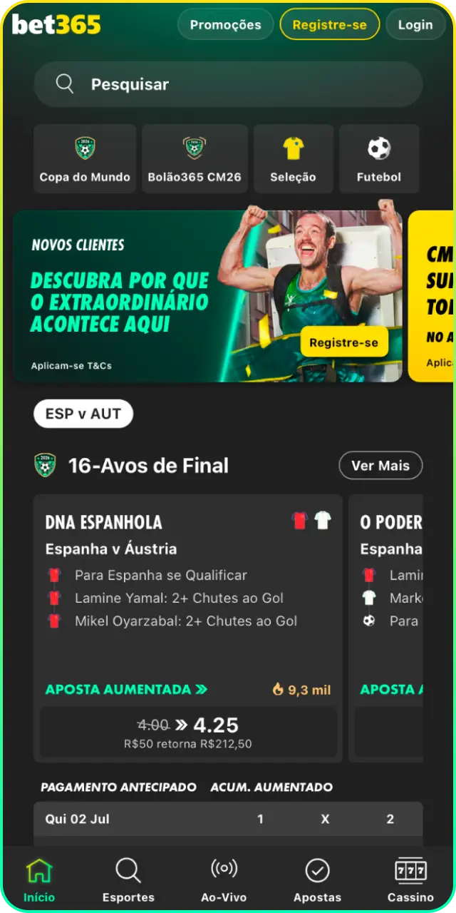 Navegue pela página principal e conheça os recursos do Bet365 App oficial.