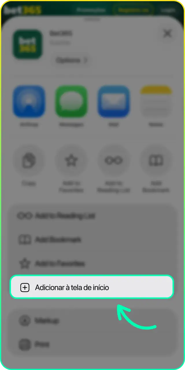 Selecione “Adicionar à Tela Inicial” para finalizar o download da Bet365 para iOS.