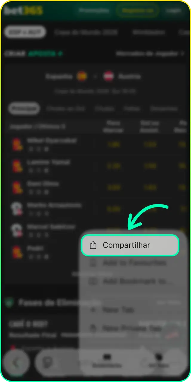 Toque no botão compartilhar no Safari durante o download da Bet365 para iOS.