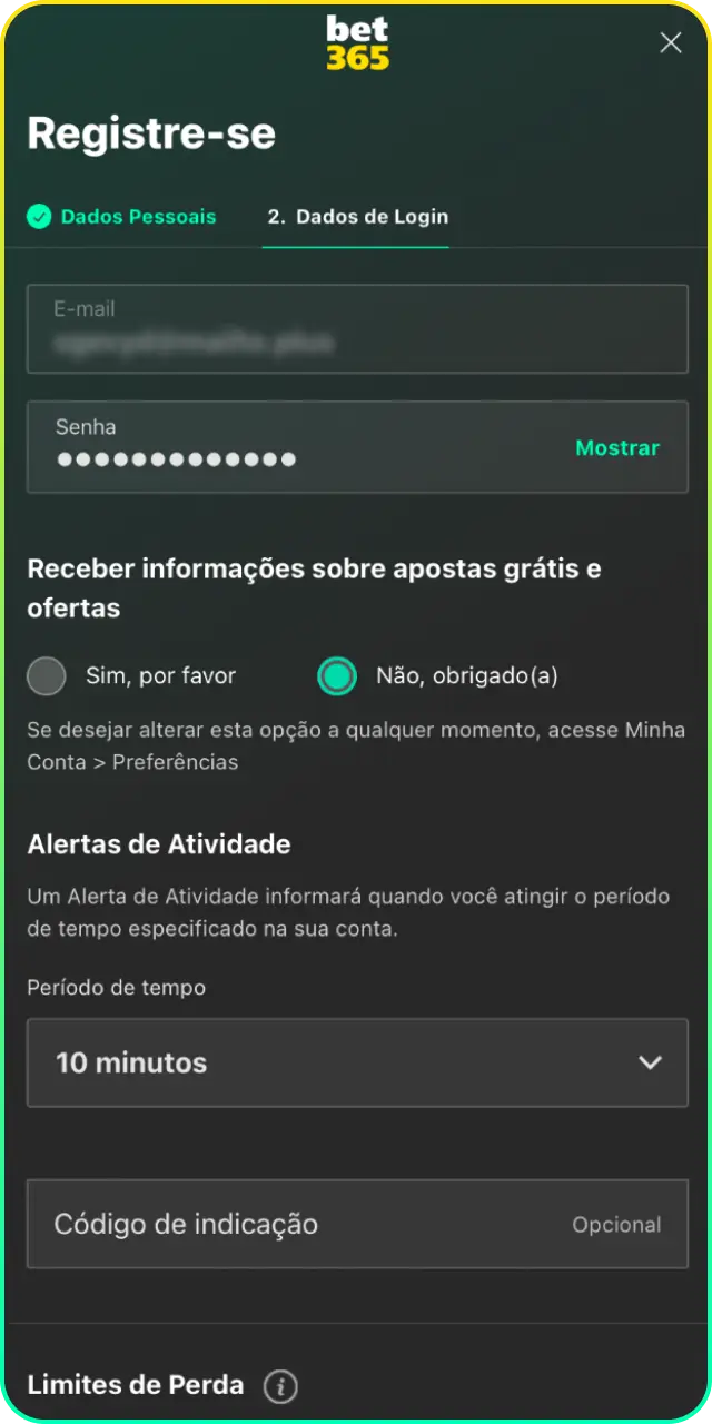 Registre-se na plataforma logo após efetuar o download da Bet365 para iOS.