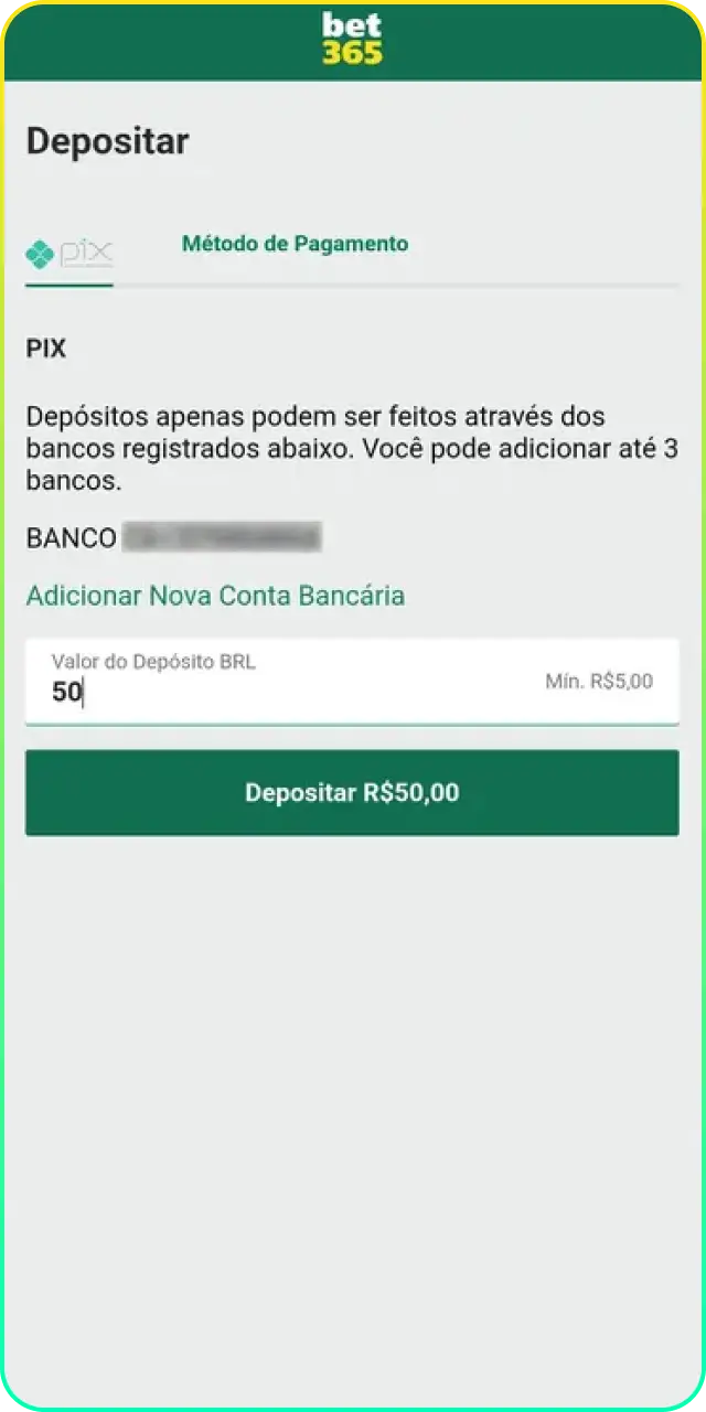 Ative seu saldo ao fazer o primeiro depósito nas etapas de registro na Bet365.