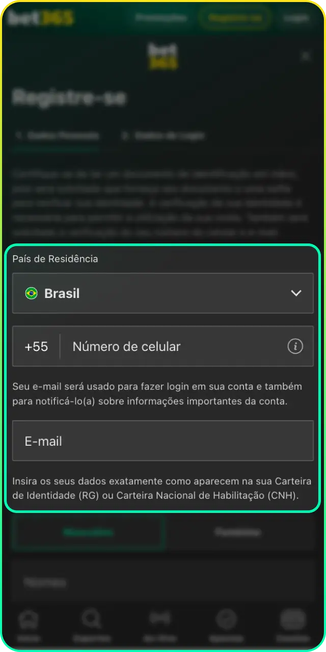 Preencha os campos em branco durante as etapas para criar uma conta na Bet365.